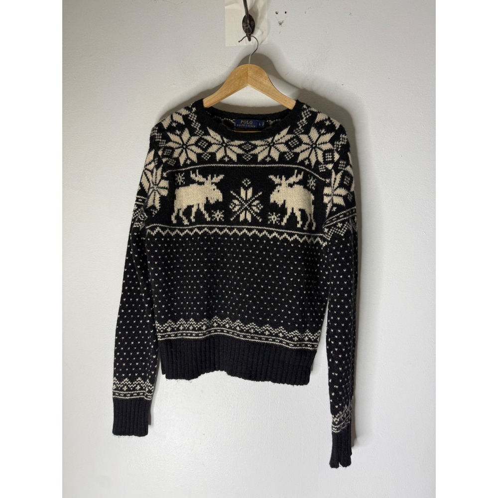 Polo Ralph Lauren Mens Fair Isle Moose Merino Wool Alpaca Sweater Black Large